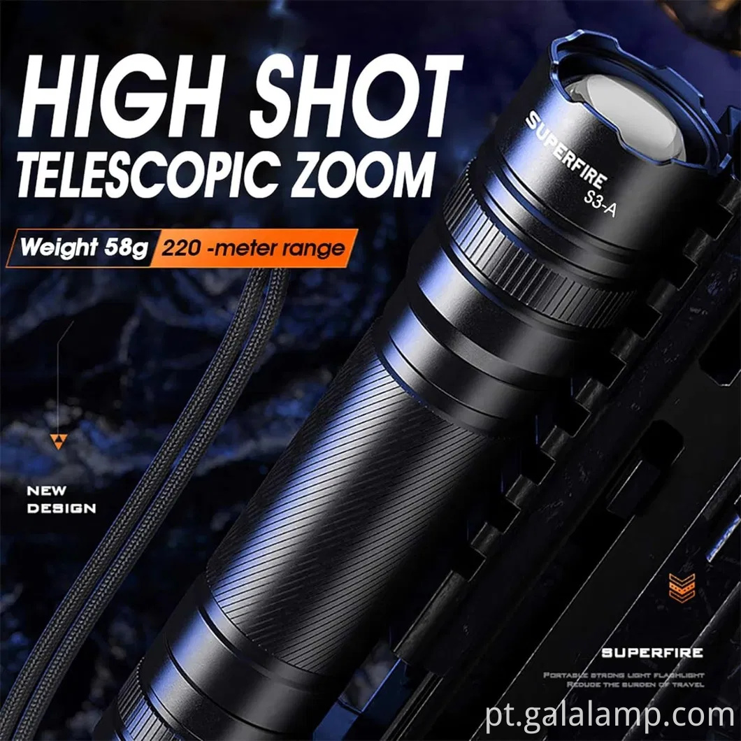 Mini lanterna, liga de alumínio S3-A, lanterna de iluminação externa com zoom variável